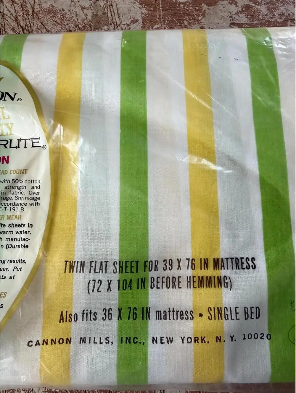 Vintage Cannon Royal Family Featherlite Twin Flat Sheet, Green Yellow Stripes